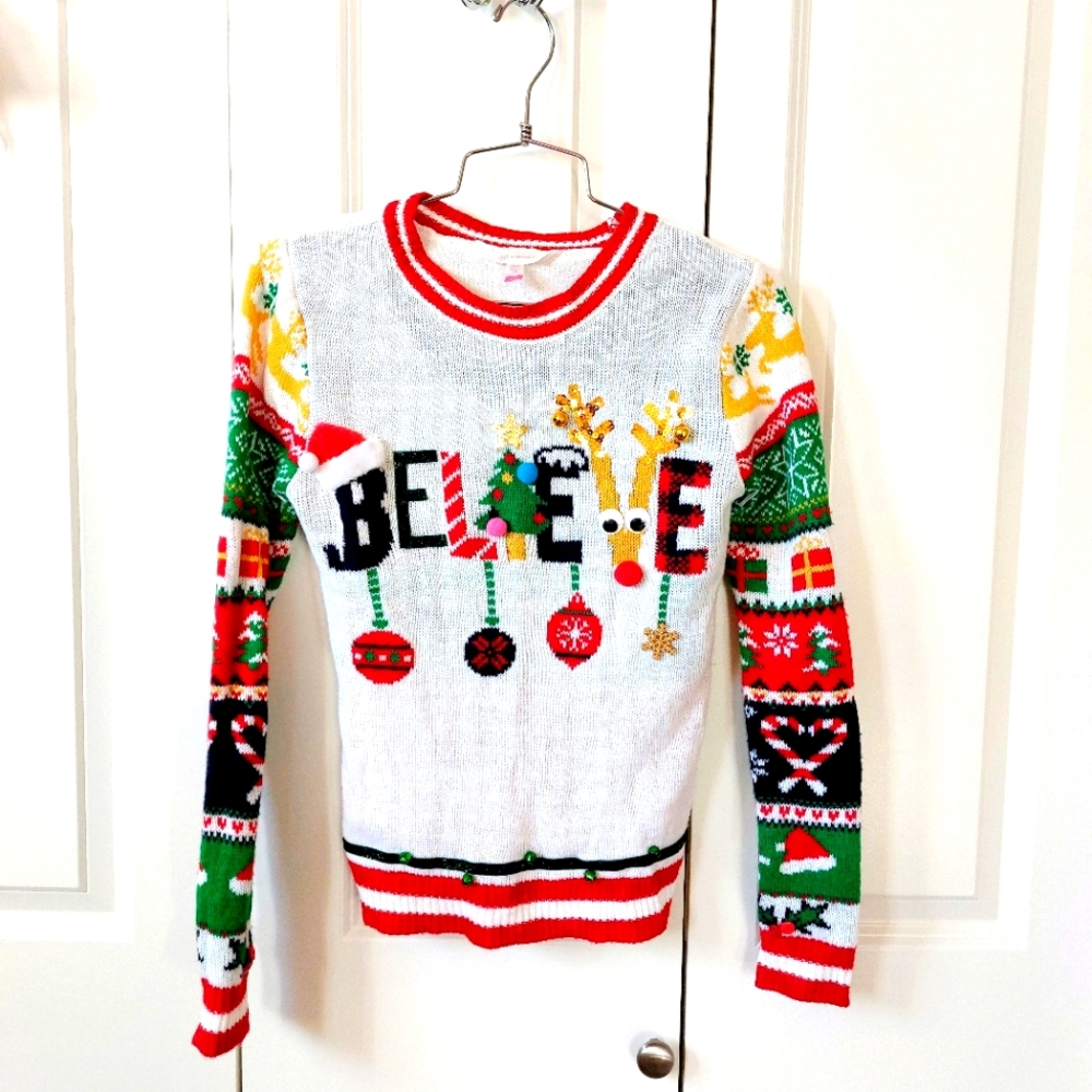 "Believe" Ugly Christmas Sweater Juniors Small 3-5 No Boundaries Ornaments Sequi